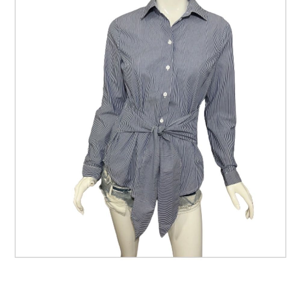 NWT Beach Lunch Lounge Blue and White Pinstripe Tie Front Button Down Blouse-S - Picture 5 of 13